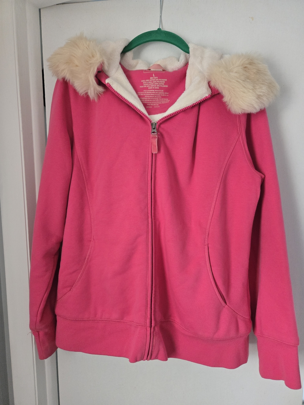 L.L. Bean Hot Pink Hooded Sweater with Faux Fur Trim